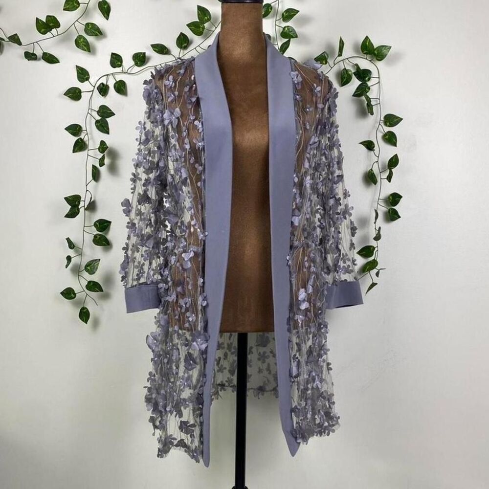 Sheer floral 3D appliqué lace cardigan fairy whimsical glam artsy sparkle duster